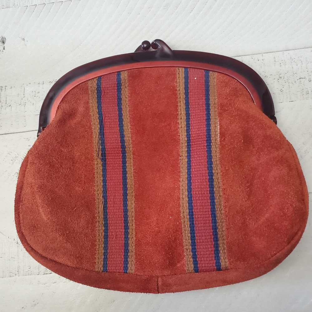 Vintage Suede Purse Handle Kiss Lock Frame Pouch Cluch Orange Blue Brown Stripes
